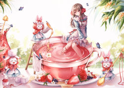 Rule 34 | 1girl, absurdres, animal ears, blueberry, blush stickers, brown hair, cup, dress, flower, flower in drink, food, food focus, frilled dress, frills, fruit, highres, holding, holding spoon, honey, huge filesize, in container, in cup, ladder, long hair, original, oversized object, pippin (pippin sol), pitcher (container), plate, pouring, rabbit, rabbit ears, red eyes, red ribbon, ribbon, sitting, spoon, straight hair, strawberry, stuffed animal, stuffed rabbit, stuffed toy, sugar cube, tea, teacup, white flower