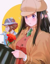 Rule 34 | 2girls, artist logo, blue jacket, blush, breasts, brown capelet, brown hair, capelet, chitanda eru, collared shirt, commentary request, flower, from side, green neckwear, hand up, hat, highres, holding, hyouka, ibara mayaka, jacket, kimi ni matsuwaru mystery, large breasts, long hair, long sleeves, mery (yangmalgage), multiple girls, necktie, parted lips, profile, purple eyes, red flower, red rose, red vest, rose, shirt, short hair, teeth, top hat, two-tone background, upper body, vest, white background, white shirt, yellow background