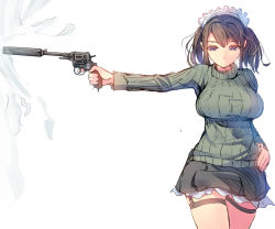 Rule 34 | 1girl, bramit device, breasts, brown eyes, brown hair, daito, gas-seal revolver, gun, hand on own hip, handgun, maid headdress, nagant m1895, original, revolver, ribbed sweater, short hair, skirt, solo, suppressor, sweater, taut clothes, twintails, weapon, white background