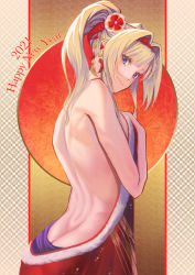 Rule 34 | 1girl, 2021, ass, back, bare back, bare shoulders, blonde hair, blush, breasts, butt crack, granblue fantasy, hair intakes, hair ornament, hairband, happy new year, highres, large breasts, long hair, looking at viewer, new year, smile, tekkai blade, twintails, zeta (granblue fantasy)