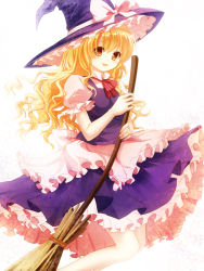 Rule 34 | 1girl, bad id, bad pixiv id, blonde hair, blush, bow, braid, broom, female focus, hat, kirisame marisa, long hair, open mouth, shiramori yuse, simple background, smile, solo, touhou, witch, witch hat, yellow eyes