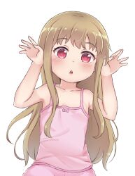 Rule 34 | 1girl, :o, arms up, bare arms, bare shoulders, blush, bow, bow camisole, camisole, child, clueless, cowboy shot, female focus, highres, joshikousei no mudazukai, light brown hair, long hair, looking at viewer, momoi saku, open mouth, pink bow, pink camisole, pink shorts, rabbit pose, red eyes, rutorifuki, shorts, solo, teeth, upper teeth only