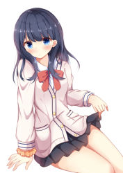 Rule 34 | 10s, 1girl, arm support, black hair, black skirt, blue eyes, blush, bow, cardigan, closed mouth, collared shirt, commentary request, dress shirt, gridman universe, kedama (kedama akaza), long hair, long sleeves, looking at viewer, orange scrunchie, pleated skirt, red bow, scrunchie, shirt, simple background, sitting, skirt, solo, ssss.gridman, takarada rikka, white background, white cardigan, white shirt, wrist scrunchie