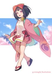 Rule 34 | 1girl, :d, artist name, black hair, blue sky, blunt bangs, bow, cherry blossoms, cloud, flip-flops, full body, hair bow, highres, japanese clothes, kimono, kotatsu (g-rough), long sleeves, looking at viewer, no socks, open mouth, original, personification, pink eyes, pink kimono, red bow, sandals, short hair, sky, smile, solo, standing, standing on one leg, tree, wide sleeves