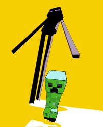 Rule 34 | 1other, apios, black eyes, black skin, colored sclera, colored skin, creeper, enderman, full body, highres, minecraft, no mouth, other focus, purple eyes, purple sclera, simple background, standing, yellow background