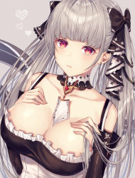 Rule 34 | 1girl, azur lane, bad id, bad pixiv id, bare shoulders, between breasts, black dress, blush, breasts, cleavage, dress, earrings, formidable (azur lane), frilled dress, frills, grey hair, hair ornament, hair ribbon, highres, jewelry, large breasts, long hair, long sleeves, looking at viewer, me meel, red eyes, ribbon, solo, twintails