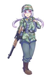 Rule 34 | 1girl, :o, ammunition pouch, battle rifle, blue pants, boots, brown footwear, camouflage, camouflage headwear, camouflage jacket, closed mouth, company of heroes, fallschirmjager, fallschirmjager (company of heroes), fg 42, german army, gun, hair between eyes, hat, helmet, holding, holding gun, holding weapon, jacket, long hair, long sleeves, military, military hat, military uniform, open mouth, original, pants, pouch, purple eyes, purple hair, rifle, smile, solo, twintails, uniform, weapon, world war ii, zhainan s-jun