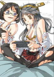 Rule 34 | 10s, 2girls, armadillo-tokage, bad id, bad pixiv id, breasts, cleavage, detached sleeves, glasses, hairband, haruna (kancolle), japanese clothes, kantai collection, kirishima (kancolle), large breasts, long hair, multiple girls, nontraditional miko, playing games, short hair, skirt, thighhighs, torn clothes, torn legwear