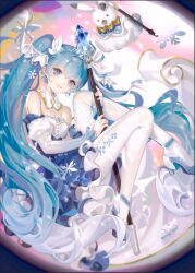 Rule 34 | 1girl, bare shoulders, blue eyes, blue hair, blue skirt, blush, closed mouth, collar, commentary, full body, hair between eyes, hair ornament, hatsune miku, high heels, highres, holding, holding scepter, lips, long hair, long sleeves, looking at viewer, off-shoulder shirt, off shoulder, pantyhose, procreate (medium), puffy sleeves, samo (shichun samo), scepter, shirt, skirt, smile, snowflakes, solo, stuffed animal, stuffed rabbit, stuffed toy, twintails, very long hair, vocaloid, white collar, white footwear, white pantyhose, white shirt, yuki miku, yuki miku (2019)
