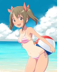 Rule 34 | 10s, 1girl, ball, beach, beachball, bikini, blush, breasts, brown eyes, brown hair, carrying, cleavage, cowboy shot, day, front-tie top, hair ribbon, holding, holding behind back, idolmaster, idolmaster cinderella girls, imai kana, leaning forward, looking at viewer, navel, ocean, one-piece tan, open mouth, outdoors, ransusan, ribbon, smile, solo, striped bikini, striped clothes, swimsuit, tan, tanline, twintails, water