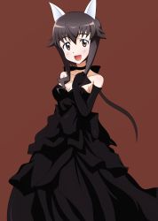 Rule 34 | 1girl, animal ears, bare shoulders, breasts, brown eyes, brown hair, choker, cleavage, collarbone, dress, elbow gloves, gloves, highres, medium breasts, open mouth, simple background, smile, solo, strike witches, strike witches: kurenai no majo-tachi, takei junko, world witches series, yumekaranigeruna