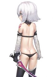 Rule 34 | 1girl, arm belt, ass, back, bandaged arm, bandages, bare shoulders, black gloves, black panties, black thighhighs, blush, breasts, butt crack, child, dagger, fate/apocrypha, fate (series), fingerless gloves, gloves, green eyes, highres, holding, holding dagger, holding knife, holding weapon, jack the ripper (fate/apocrypha), knife, lowleg, lowleg panties, panties, ranma (kamenrideroz), scar, scar across eye, scar on face, short hair, shoulder tattoo, simple background, single glove, small breasts, solo, tattoo, thighhighs, thighs, underwear, weapon, white background, white hair