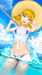 Rule 34 | 1girl, 1q (madoromi minority), absurdres, blonde hair, breasts, commentary request, giant hand, groin, happy, highres, long hair, looking at viewer, medium breasts, navel, ocean, open mouth, smile, solo, star ocean, star ocean anamnesis, star ocean till the end of time, swimsuit, twintails, welch vineyard, yellow eyes