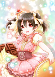 Rule 34 | 10s, 1girl, :d, black hair, candy, chocolate, chocolate bar, collared shirt, cookie, corset, cupcake, dress, food, food on head, frilled dress, frills, fruit, heart, hirako, looking at viewer, love live!, love live! school idol festival, love live! school idol project, object on head, open mouth, puffy sleeves, red eyes, shirt, smile, solo, star (symbol), starry background, strawberry, striped clothes, striped dress, twintails, yazawa nico
