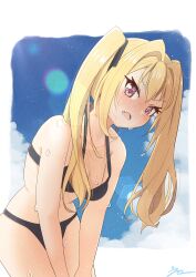 Rule 34 | 1girl, absurdres, bent over, bikini, black bikini, blonde hair, blue sky, blush, breasts, check commentary, cloud, collarbone, commentary, commentary request, dolphin wave, emma (3one3o), eyelashes, fang, frown, hair between eyes, highres, kazami ellen, lens flare, long hair, looking at viewer, pink eyes, signature, sky, small breasts, sweat, swimsuit, twintails, wet, wet hair
