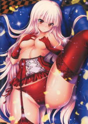 Rule 34 | 1girl, :&gt;, ass, blunt bangs, blurry, blurry background, breasts, cameltoe, checkered floor, closed eyes, covering privates, covering breasts, cowboy shot, elbow gloves, fujiwara no mokou, garter straps, gloves, gluteal fold, head tilt, highres, hijikawa arashi, lace, lace-trimmed legwear, lace trim, leg up, lingerie, long hair, looking at viewer, lying, medium breasts, no bra, on back, panties, red eyes, red gloves, red panties, red thighhighs, scan, side-tie panties, silver hair, smile, solo, sparkle, thighhighs, thighs, topless, touhou, underwear, underwear only, very long hair