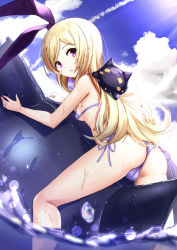 Rule 34 | 1girl, :o, ass, bikini, blonde hair, blue sky, breasts, cameltoe, character request, check character, cloud, contrail, creature, day, from behind, hair ribbon, highres, inflatable toy, kneepits, long hair, looking at viewer, looking back, micro bikini, monster strike, outdoors, pandora (monster strike), parted lips, purple bikini, purple eyes, purple ribbon, ribbon, side-tie bikini bottom, sideboob, sky, small breasts, solo, sunlight, swept bangs, swimsuit, thighs, tsuseki, very long hair, water, water drop