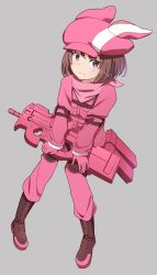 Rule 34 | 1girl, boots, brown eyes, brown footwear, brown hair, closed mouth, gloves, grey background, invisible chair, jacket, lizta, llenn (sao), looking at viewer, military, military jacket, military uniform, p-chan (p90), pants, pink gloves, pink headwear, pink jacket, pink pants, pink scarf, scarf, short hair, simple background, sitting, smile, solo, sword art online, sword art online alternative: gun gale online, uniform