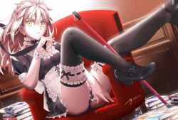 Rule 34 | 1girl, apron, artoria pendragon (alter swimsuit rider) (fate), artoria pendragon (alter swimsuit rider) (second ascension) (fate), artoria pendragon (fate), black dress, black footwear, black thighhighs, book, chair, choker, closed mouth, commentary request, dress, fate/grand order, fate (series), highres, long hair, looking at viewer, maid, maid apron, maid headdress, md5 mismatch, panties, resolution mismatch, short sleeves, sitting, sitting sideways, source smaller, thighhighs, thighs, underwear, white apron, white background, white choker, white headwear, wrist cuffs, yellow eyes, yipaint