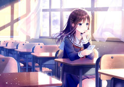 Rule 34 | 1girl, black serafuku, black shirt, black skirt, blush, brown hair, cellphone, chair, classroom, cloud, cloudy sky, commentary request, curtains, desk, hair ornament, hairclip, holding, holding phone, indoors, kashiwabara en, long hair, long sleeves, looking away, looking to the side, on chair, original, parted lips, phone, pleated skirt, purple eyes, red neckwear, sailor collar, school chair, school desk, school uniform, serafuku, shirt, sitting, skirt, sky, solo, transparent, white sailor collar, window