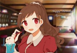Rule 34 | 1girl, antenna hair, blurry, blurry background, blush, brown hair, dated, drinking straw, happy birthday, highres, holding, holding drinking straw, idolmaster, idolmaster cinderella girls, light rays, long hair, looking at viewer, moi mo moi, patterned clothing, ponytail, puffy short sleeves, puffy sleeves, red eyes, red shirt, restaurant, shirt, short sleeves, smile, solo, tsujino akari, upper body, very long hair