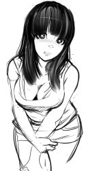 Rule 34 | 1girl, blunt bangs, breasts, breasts squeezed together, cleavage, curvy, greyscale, hime cut, large breasts, leaning forward, long hair, monochrome, original, sho-n-d, shorts, sketch, solo, v arms