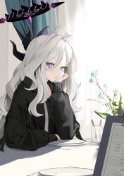 Rule 34 | 1girl, absurdres, alternate costume, arm support, black sweater, blue archive, casual, commentary request, curtains, demon girl, demon horns, demon wings, flower, forehead, halo, head rest, highres, hina (blue archive), hood, hooded sweater, horns, indoors, long hair, long sleeves, looking at viewer, mark jin, menu, parted bangs, plate, purple eyes, sidelocks, solo, spoon, sunlight, sweater, table, tablecloth, upper body, vase, wavy hair, white hair, window, wings