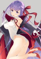 Rule 34 | 1girl, :p, bb (fate), bb (fate) (all), bb (swimsuit mooncancer) (fate), bb (swimsuit mooncancer) (third ascension) (fate), black coat, coat, eka eri, fate/grand order, fate (series), gloves, grey background, hair ribbon, high heels, highres, long hair, looking at viewer, neck ribbon, one-piece swimsuit, open clothes, open coat, purple eyes, purple hair, red coat, red footwear, red ribbon, ribbon, simple background, solo, swimsuit, tongue, tongue out, two-sided coat, two-sided fabric, white gloves, white one-piece swimsuit