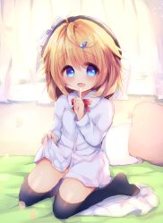 Rule 34 | 1girl, :d, bed sheet, beret, black hat, black thighhighs, blue eyes, blush, bow, brown hair, collared shirt, commentary request, copyright request, curtains, dress shirt, fang, full body, groin, hair between eyes, hair ornament, hairclip, haru ichigo, hat, highres, long hair, naked shirt, no shoes, open mouth, pillow, red bow, shirt, smile, solo, striped, striped bow, thighhighs, white bow, white shirt