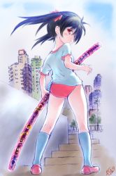 Rule 34 | 1girl, artist logo, black hair, building, buruma, cityscape, commentary request, from behind, full body, gym uniform, highres, holding, holding sword, holding weapon, kneehighs, kurimuzon, long hair, looking at viewer, looking back, original, red buruma, red eyes, scabbard, sheath, sheathed, shirt, shoes, socks, solo, stairs, standing, sword, t-shirt, uwabaki, weapon, white shirt, white socks
