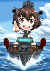 Rule 34 | 10s, 1girl, :d, anchor, blue sky, brown eyes, brown hair, chibi, cloud, cloudy sky, commentary request, day, headgear, historical name connection, horizon, kantai collection, koutarou (plusdrive), looking at viewer, military, military vehicle, name connection, object namesake, ocean, open mouth, outdoors, pointing, pointing at viewer, riding, school uniform, serafuku, ship, short hair, sky, smile, solo, turret, warship, watercraft, yukikaze (destroyer), yukikaze (kancolle)