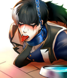 Rule 34 | 1boy, black hair, blush, collar, ace attorney, phoenix wright: ace attorney - dual destinies, leash, male focus, multicolored hair, pet, silver hair, sweat, tagme, tongue, tongue out, yaoi, simon blackquill