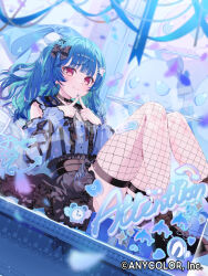 1girl a20_(atsumaru) black_bow black_footwear black_skirt blue_hair blue_ribbon blue_shirt blurry blurry_foreground blush bow c: clothing_cutout commentary_request copyright_name crane_game dolphin english_text fishnet_thighhighs fishnets full_body ghost hair_bow in_crane_game looking_at_viewer medium_hair nijisanji nishizono_chigusa nishizono_chigusa_(jirai_kei) official_art red_eyes ribbon shirt shoes shoulder_cutout sitting skirt smile solo steepled_fingers thighhighs virtual_youtuber