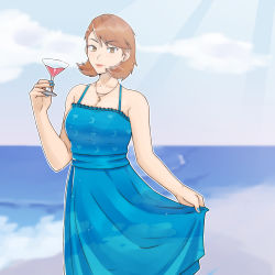 Rule 34 | 1girl, beach, blue dress, blue nails, breasts, brown eyes, brown hair, cleavage, closed mouth, clothes lift, cocktail glass, collarbone, commentary, cup, dress, dress lift, drinking glass, english commentary, feet out of frame, hand up, highres, holding, jewelry, lips, looking at viewer, medium breasts, medium hair, nail polish, necklace, outdoors, persona, persona 3, print dress, solo, swept bangs, takeba yukari, triomegis