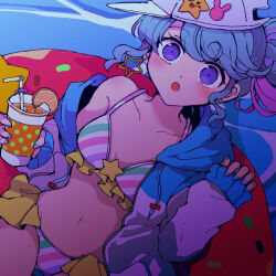 Rule 34 | 1girl, :o, baseball cap, bikini, blue eyes, blue hair, blush, breasts, cup, disposable cup, doughnut innertube, drinking straw, dutch angle, earrings, hair bun, hands up, hat, holding, holding cup, hood, hood down, hooded jacket, jacket, jewelry, looking at viewer, multicolored hair, nail polish, navel, nojima minami, open clothes, open jacket, open mouth, pinon (pripara), pretty series, pripara, small breasts, solo, star (symbol), star earrings, streaked hair, striped bikini, striped clothes, swimsuit, water