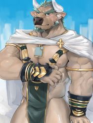 Rule 34 | 1boy, ancient greek clothes, animal ears, bara, bare pectorals, bulge, cape, clothing cutout, cow ears, cow horns, cowboy shot, facial hair, forked eyebrows, fuga9, furry, furry male, goatee, greco-roman clothes, green eyes, green hair, horns, jewelry, large pectorals, looking at viewer, male focus, marduk (housamo), mature male, minotaur, muscular, muscular male, necklace, nipples, pectorals, pelvic curtain, revealing clothes, short hair, side cutout, sideburns, solo, thick eyebrows, thick thighs, thighs, tokyo houkago summoners, veins, white cape