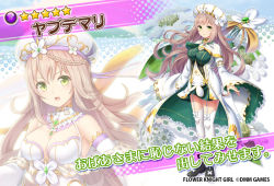 Rule 34 | 1girl, black footwear, braid, breasts, brown hair, character name, cleavage, closed mouth, copyright name, detached sleeves, dmm, floral background, flower, flower knight girl, full body, green eyes, green skirt, hat, hat flower, large breasts, long hair, looking at viewer, multiple views, name connection, ninnzinn, object namesake, official art, open mouth, pinstripe pattern, projected inset, robe, shawl, shoes, skirt, smile, standing, star (symbol), striped, thigh strap, thighhighs, white headwear, white robe, white thighhighs, yabudemari (flower knight girl), zettai ryouiki