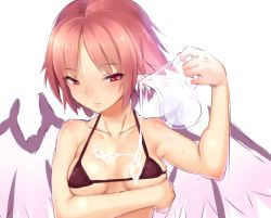 Rule 34 | 1girl, animal ears, ayagi daifuku, bad id, bad twitter id, bird wings, blush, bra, breast rest, breasts, inactive account, looking at viewer, mystia lorelei, naughty face, no headwear, pink eyes, pink hair, short hair, simple background, small breasts, smile, solo, suggestive fluid, touhou, underwear, upper body, white background, wings