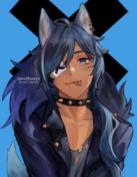 Rule 34 | 1boy, animal ears, blue background, blue eyes, blue hair, closed mouth, collar, collarbone, commentary, dark-skinned male, dark skin, ear piercing, english commentary, eyepatch, fur collar, genshin impact, hair between eyes, highres, jacket, jewelry, kaeya (genshin impact), long hair, looking at viewer, male focus, piercing, ponytail, simple background, smile, snifflesmp4, spiked collar, spikes, tail, tongue, tongue out, tongue piercing, wolf boy, wolf ears, wolf tail
