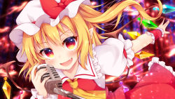 Rule 34 | 1girl, :d, absurdres, ascot, blonde hair, blush, bow, commentary request, crystal, fang, flandre scarlet, frilled shirt collar, frills, hand up, hat, hat bow, highres, holding, holding microphone, light particles, long hair, looking at viewer, microphone, miy@, mob cap, one side up, open mouth, petticoat, puffy short sleeves, puffy sleeves, red bow, red eyes, red skirt, red vest, shirt, short sleeves, skirt, skirt set, smile, solo, touhou, vest, white hat, white shirt, wings, wrist cuffs, yellow ascot