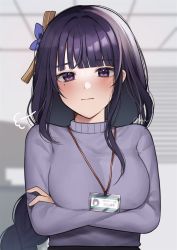 Rule 34 | 1girl, blunt bangs, blurry, blurry background, blush, braid, breasts, contemporary, crossed arms, genshin impact, hair intakes, highres, id card, indoors, lanyard, large breasts, long hair, looking at viewer, mole, mole under eye, nerua, office, office lady, purple eyes, purple hair, purple sweater, raiden shogun, sidelocks, signature, solo, sweater, upper body, wavy mouth