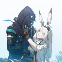 Rule 34 | 1girl, 1other, ambiguous gender, animal ear fluff, animal ears, arknights, arm up, black gloves, black jacket, rabbit ears, commentary, doctor (arknights), frostnova (arknights), gloves, grey eyes, grey shirt, hair over one eye, hairband, highres, hood, hood up, jacket, long hair, looking at another, mask, open clothes, open jacket, reclining, scar, scar on face, scar on nose, shirt, spoilers, white background, white hair, white jacket, xion32