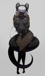 Rule 34 | 1girl, black horns, black skin, breasts, breasts apart, colored skin, full body, fur trim, grey background, grey hair, highres, horns, large breasts, mechanical arms, original, signature, simple background, sitting, solo, tail, ub1mo, yellow eyes