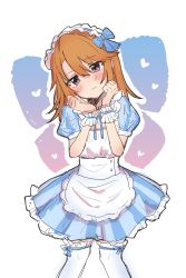 Rule 34 | 1girl, absurdres, alternate costume, apron, blue bow, blue dress, blush, bow, brown eyes, clenched hands, commentary, cowboy shot, dot nose, dress, enmaided, expressionless, flat chest, frilled apron, frilled skirt, frills, hachiya (silica q), hair bow, hands up, heart, highres, idolmaster, idolmaster cinderella girls, looking at viewer, maid, maid apron, maid headdress, medium hair, orange hair, puffy short sleeves, puffy sleeves, short sleeves, skirt, solo, striped clothes, striped dress, thighhighs, vertical-striped clothes, vertical-striped dress, white apron, white background, white thighhighs, wrist cuffs, yuuki haru