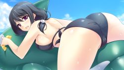 Rule 34 | 1girl, ass, ayase hazuki, backboob, bikini, black bikini, black hair, blush, breast press, breasts, cameltoe, cloud, day, embarrassed, from behind, game cg, hair ornament, holding, inflatable toy, kamidere, large breasts, legs, long hair, looking at viewer, looking back, lying, on stomach, ooguro miho, open mouth, pink eyes, purple eyes, short hair, side-tie bikini bottom, sky, solo, swimsuit, thighs, wavy mouth, wet