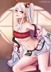 Rule 34 | 1girl, :p, absurdres, alfarejected, arknights, bandeau, bare legs, bare shoulders, breasts, cleavage, commentary, half updo, highres, horns, kneeling, large breasts, long hair, looking at viewer, midriff, navel, nian (arknights), off shoulder, pointy ears, purple eyes, short shorts, shorts, solo, stomach, strapless, thighs, tongue, tongue out, tube top, white hair, white shorts