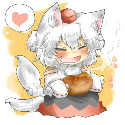 Rule 34 | 1girl, animal ears, bad id, bad pixiv id, blush, boned meat, chibi, detached sleeves, fang, female focus, food, hat, inubashiri momiji, meat, open mouth, rebecca (keinelove), solo, tail, tail wagging, tokin hat, touhou, white hair, wolf ears, wolf tail