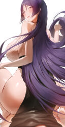 1girl absurdres ass black_dress breasts dress earrings fate/grand_order fate_(series) highres huge_ass huge_breasts jewelry long_hair looking_at_viewer looking_back minamoto_no_raikou_(fate) necklace pov purple_eyes purple_hair rororo sex smile straddling very_long_hair