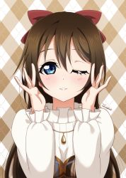 Rule 34 | 1girl, ;), aqua eyes, artist name, artist request, blue eyes, blush, bow, breasts, brown hair, dress, dress shirt, drop necklace, female focus, hair between eyes, hair bow, jewelry, long hair, long sleeves, looking at viewer, love live!, love live! nijigasaki high school idol club, love live! school idol festival, medium breasts, necklace, one eye closed, osaka shizuku, parted lips, ponytail, puffy long sleeves, puffy sleeves, red bow, shirt, smile, solo, sweater, teeth, turtleneck, turtleneck sweater, upper body, white sweater