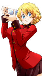 Rule 34 | 1girl, aono3, black skirt, blonde hair, blue eyes, braid, closed mouth, commentary, cowboy shot, cup, darjeeling (girls und panzer), girls und panzer, highres, holding, holding cup, jacket, long sleeves, looking at viewer, military, military uniform, miniskirt, pleated skirt, red jacket, short hair, simple background, skirt, smile, solo, st. gloriana&#039;s military uniform, standing, teacup, twin braids, uniform, white background